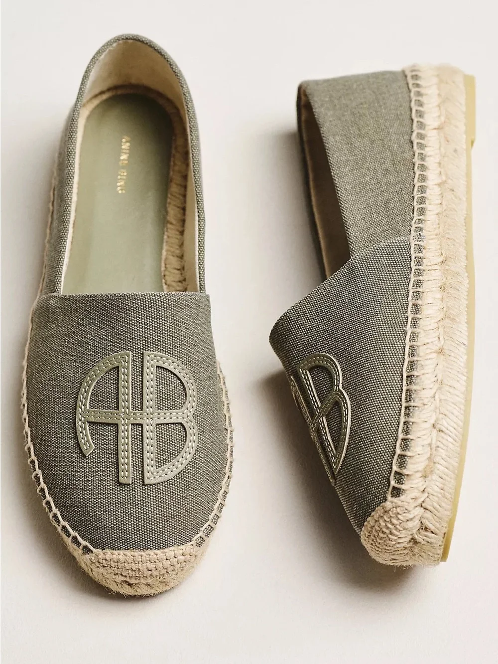 Anine Bing Paloma Embossed Logo Espadrilles in Desert Sage Green NWOB